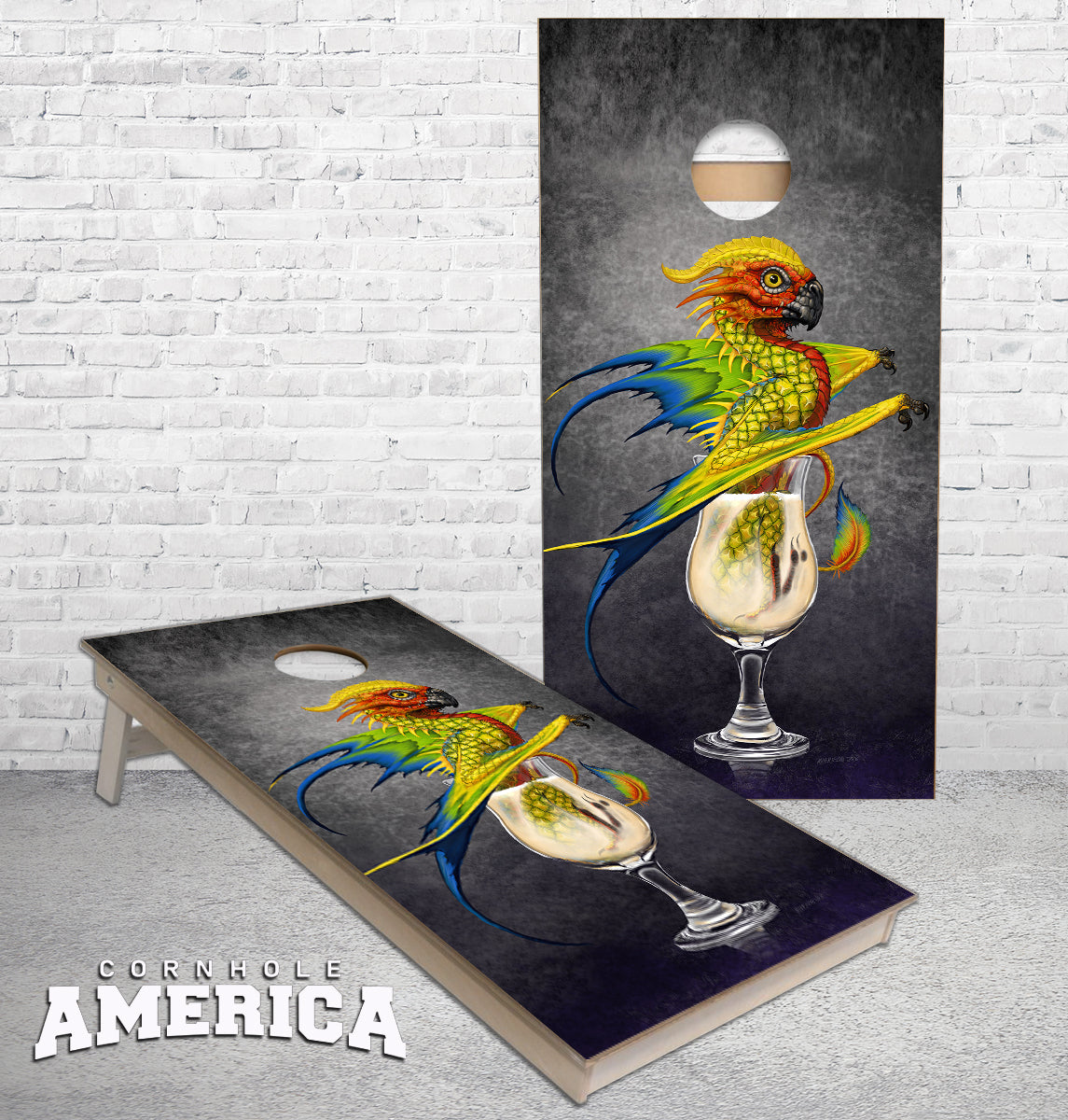 Pina Colada Dragon and Drink Art by Stanley Morrison Cornhole Boards