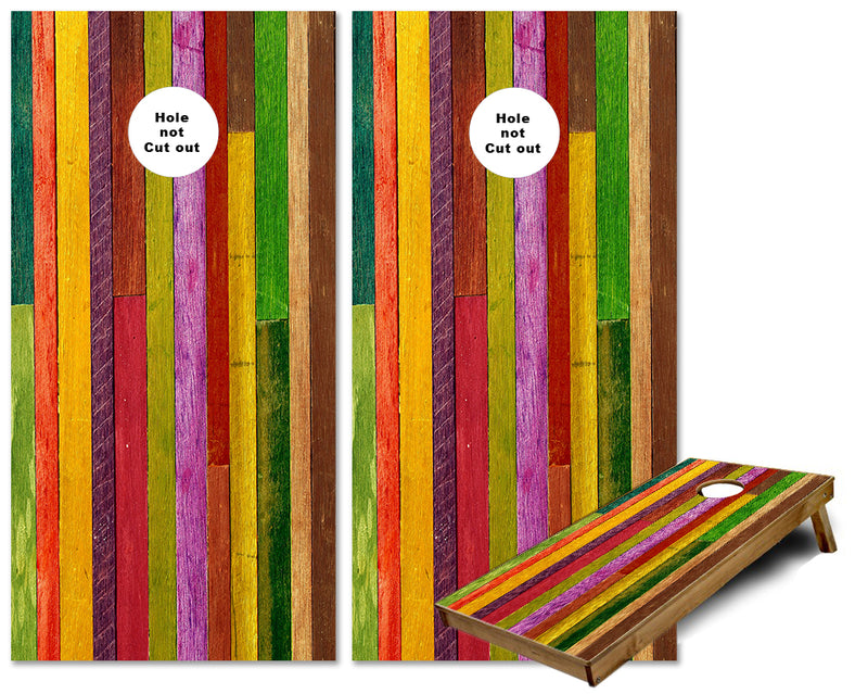 Colorful wooden planks yellow red pink green cornhole wraps