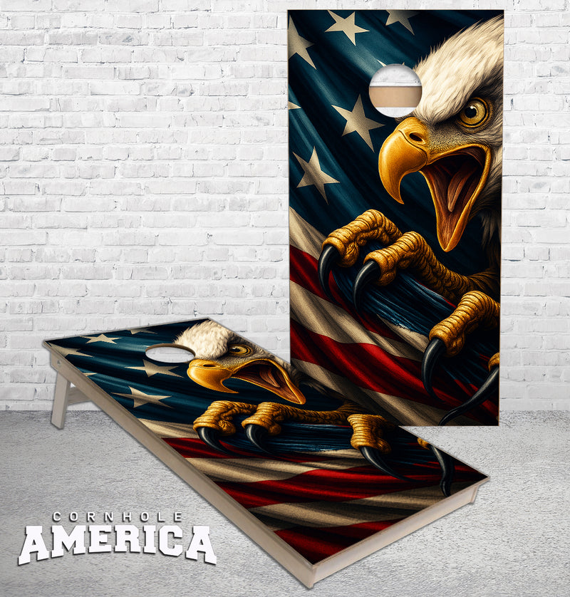 Screaming Eagle Clawing US Flag cornhole boards