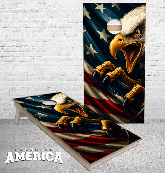 Screaming Eagle Clawing US Flag cornhole boards