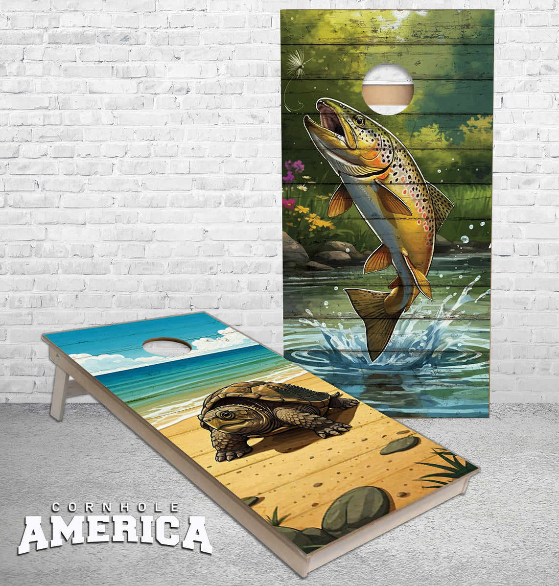 Brown Trout and Snapping Turtle cornhole boards — Cornhole America