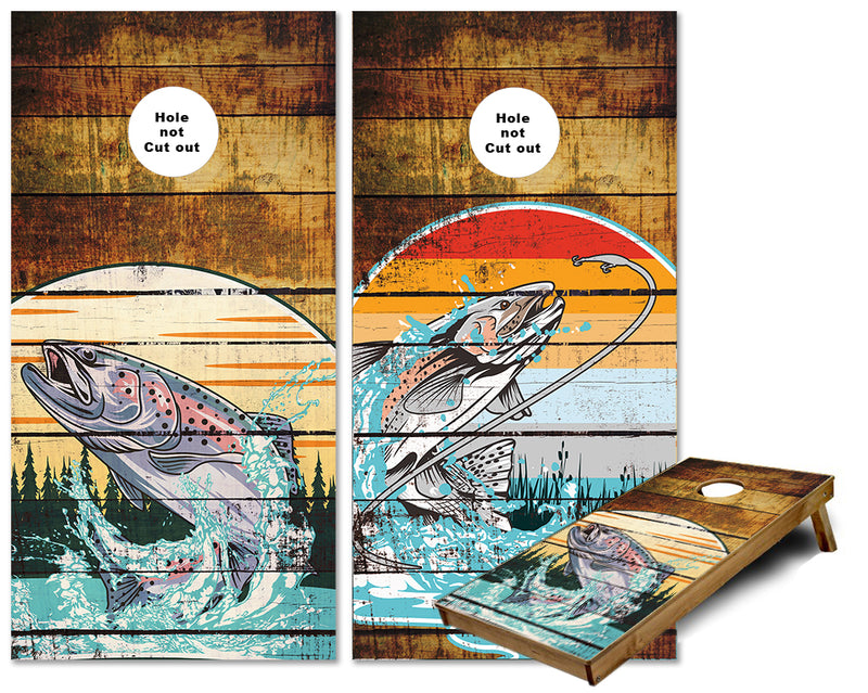 Trout jumping rustic wood cornhole wraps