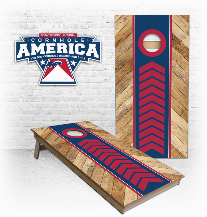 Power Stripe Blue and Red Parquet wood Design Cornhole Boards