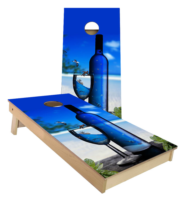 Blue Vodka Bottle on the Beach Cornhole Boards