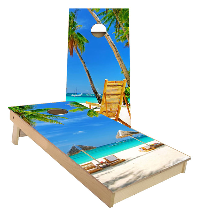 Wicker Beach Chair Paradise cornhole boards