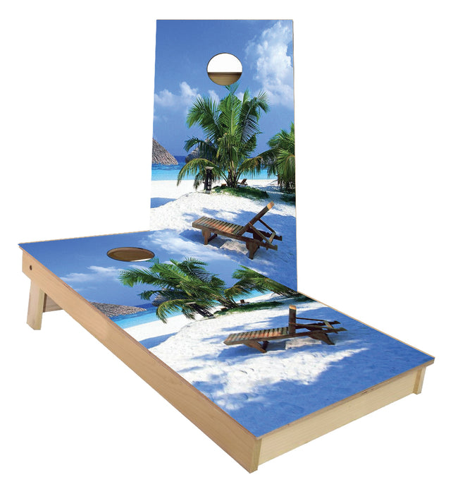 Beach Chair with a perfect view cornhole boards