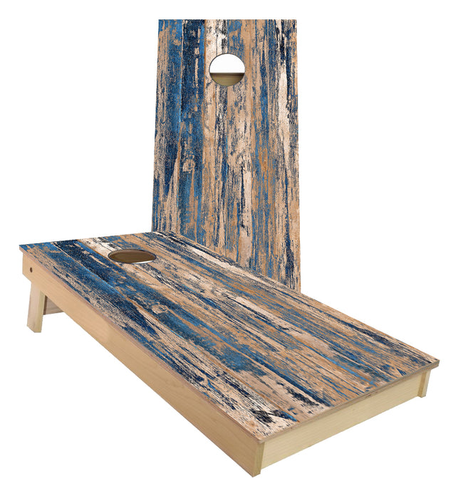 Weathered Wood with scraped blue paint Cornhole Boards