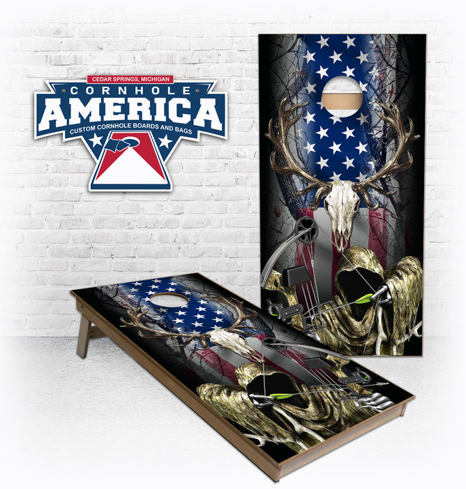Bow Hunting Reaper American Flag stars and stripes cornhole boards