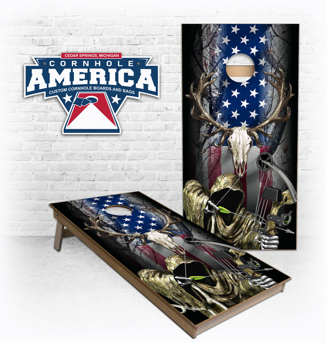 Bow Hunting Reaper American Flag stars and stripes cornhole boards