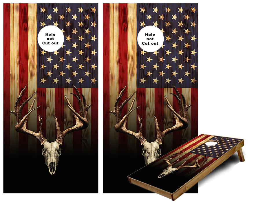 Burnt American Flag with Buck Skull Cornhole Wraps