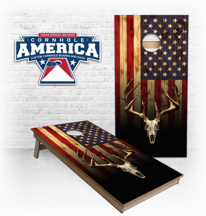Burnt Wood American Flag with Deer Skull Mount cornhole boards