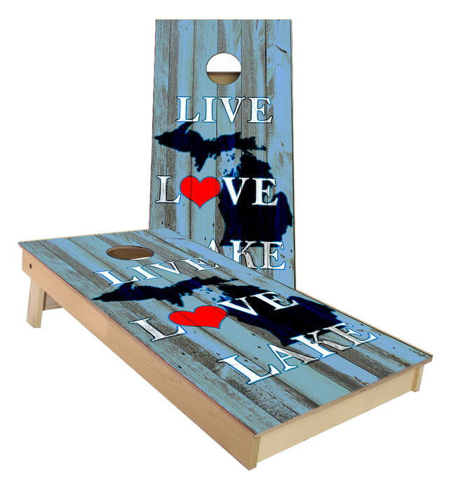 Blue Live Love Lake Michigan Cornhole boards