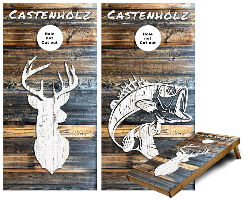 Rustic Deer and Fish Wood Plank Cornhole Wraps