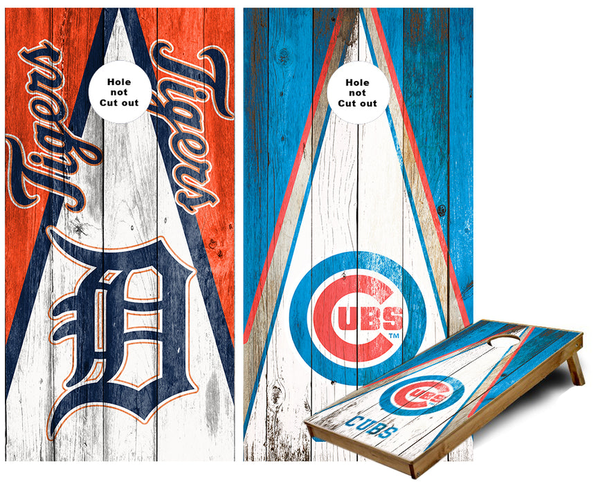 Detroit Tigers Triangle Chicago cubs Weathered wood look Cornhole Wraps