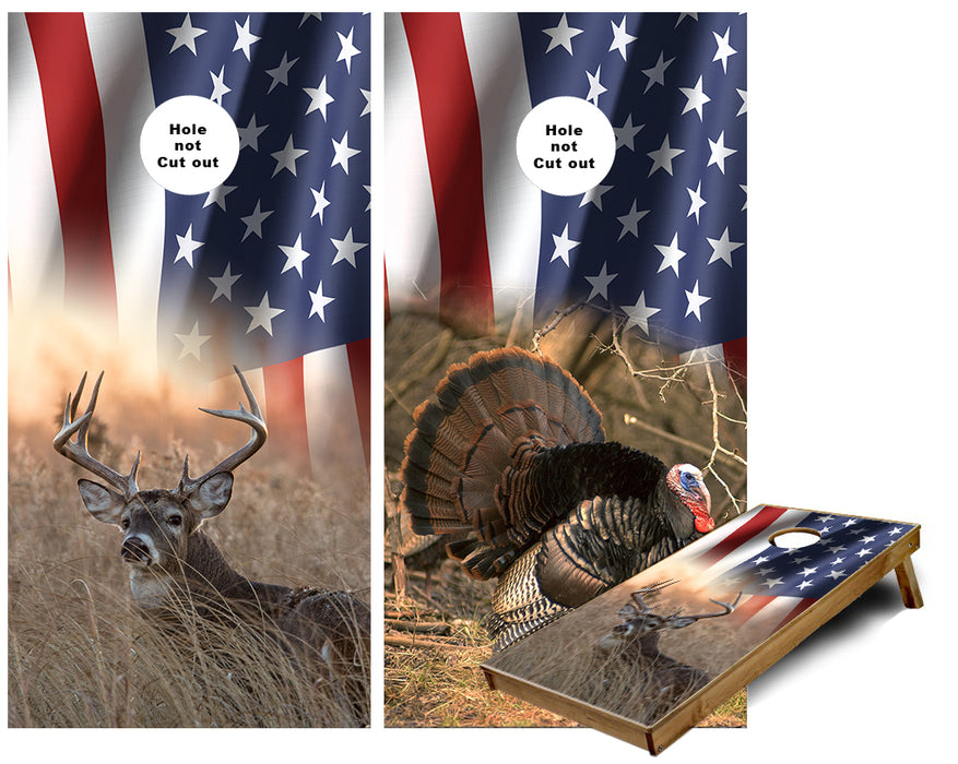 American Flag Wild Turkey and Whitetail Deer Buck Cornhole Wraps