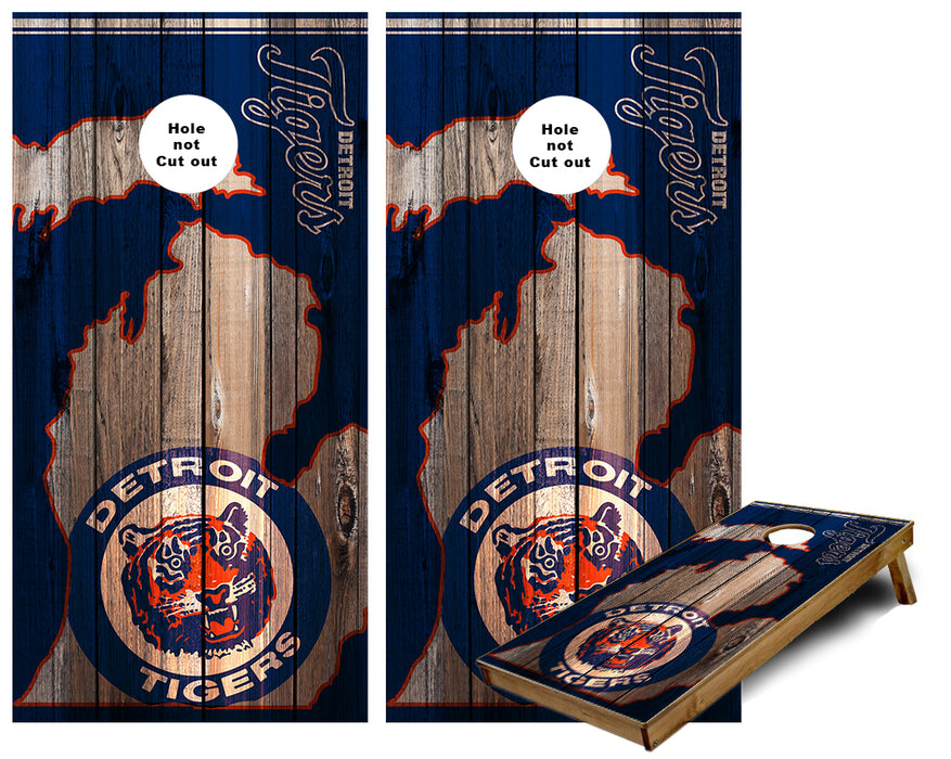 Detroit Tigers in State of Michignan Outline rustic Cornhole Wraps