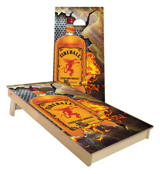 Fireball Whiskey Metal Edges on Fire custom cornhole boards