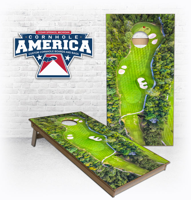 Golf Course Aerial view real trees and bird Cornhole Boards