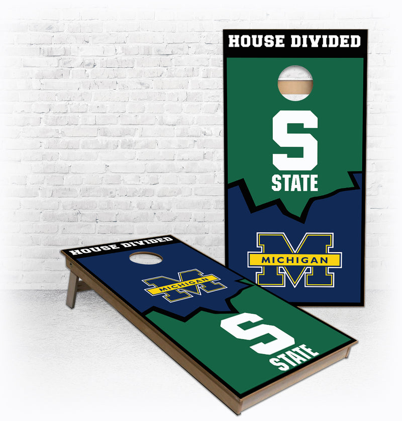 House Divided MSU and Michigan Cracked Cornhole Boards