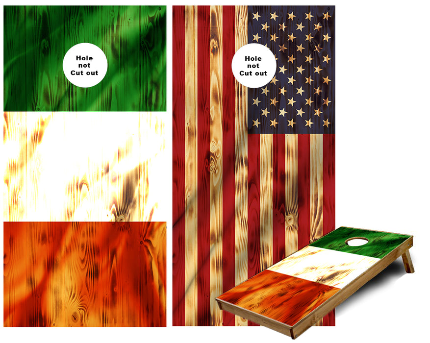 Irish Flag and American Flag on Burnt wood background Cornhole Wraps