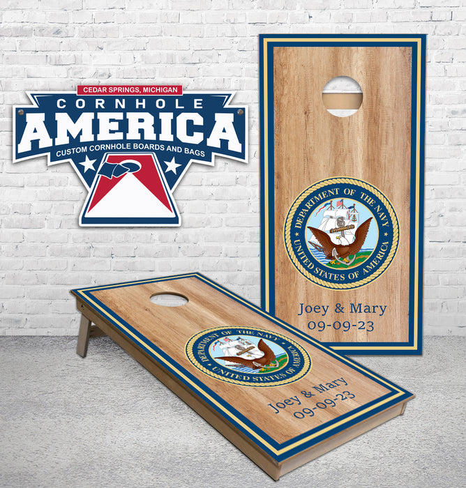 Custom Name United States Navy with outer boarder stripes Cornhole Boards