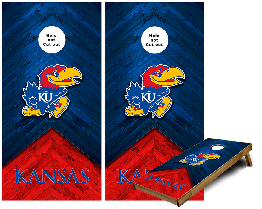 Kansas Jayhawks on colored wood look custom Cornhole Wraps