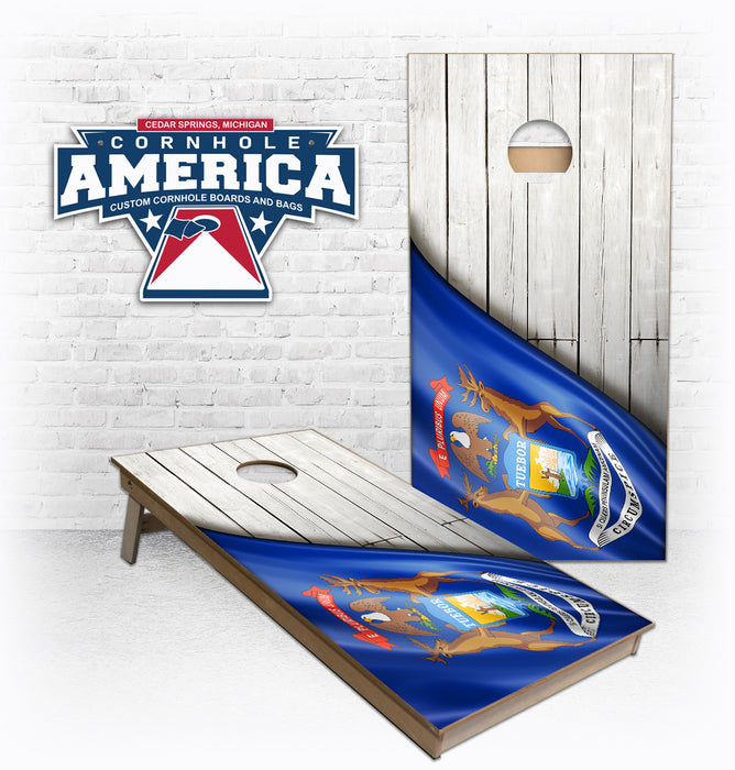 Michigan Flag wrapped on Wood Planks Cornhole Boards