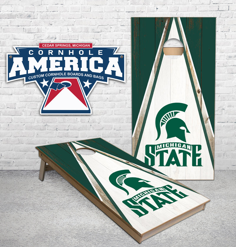 Michigan State Triangle rustic wood themed Cornhole Boards