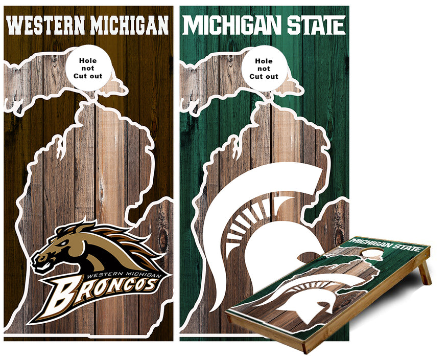 Michigan State and Western Michigan in State of Michigan Outlinie Cornhole Wraps