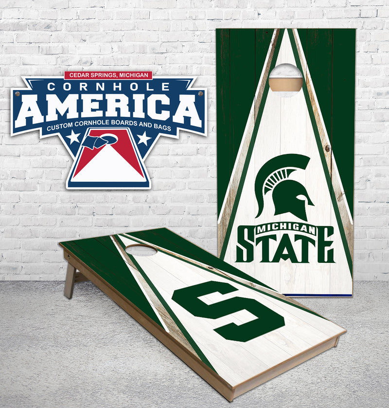 Michigan State MSU rustic triangle theme Cornhole Boards