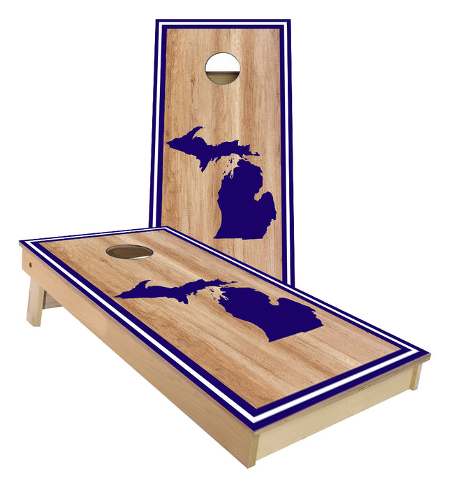Michigan on Stained with Outer striped boarder Cornhole boards