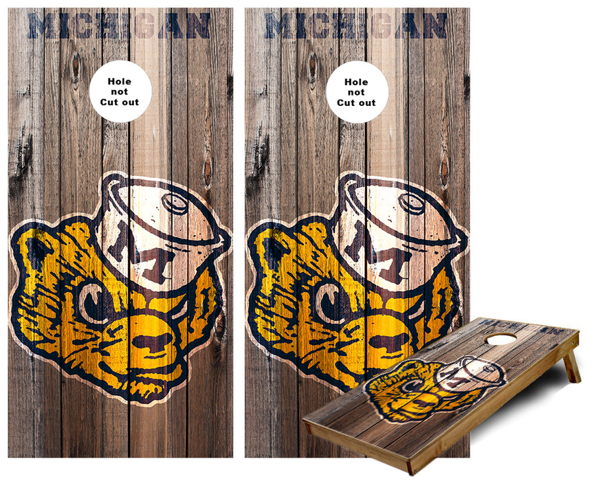 Michigan Wolverines old logo rustic wood Cornhole Wraps