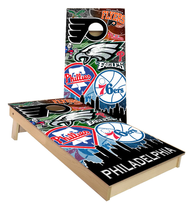 Philadelphia Eagles 76ers Flyers Phillies City Skyline Cornhole Boards