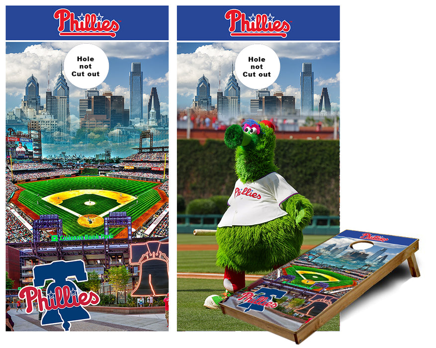Philadelphia Phillies Skyline and Mascot Cornhole Wraps