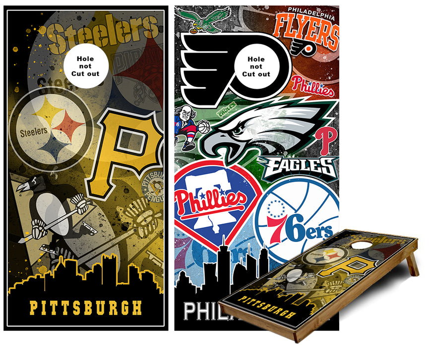 Philadelphia and Pittsburgh sports teams and City Skyline Cornhole wraps