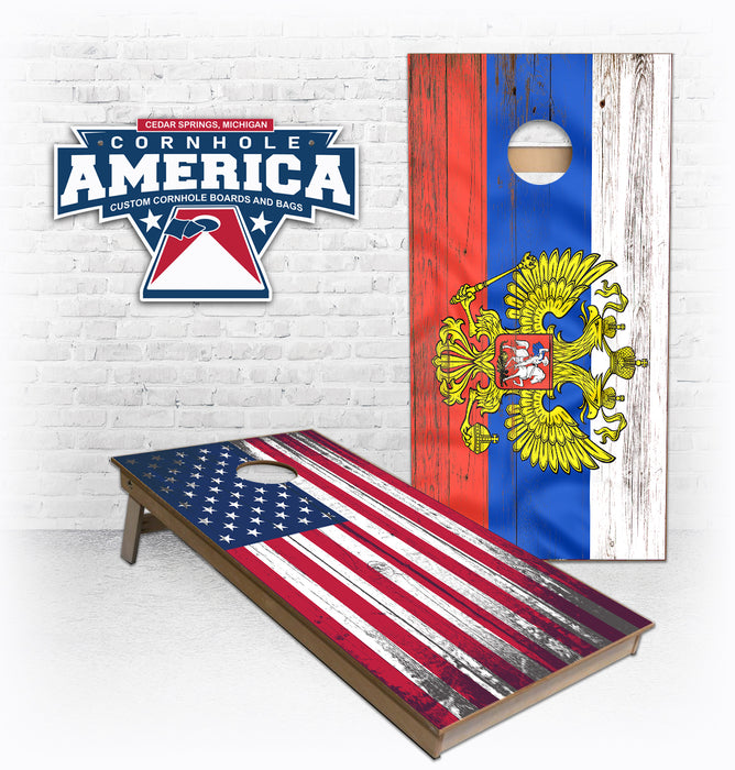 Russian and American Rustic Flag design Cornhole Boards