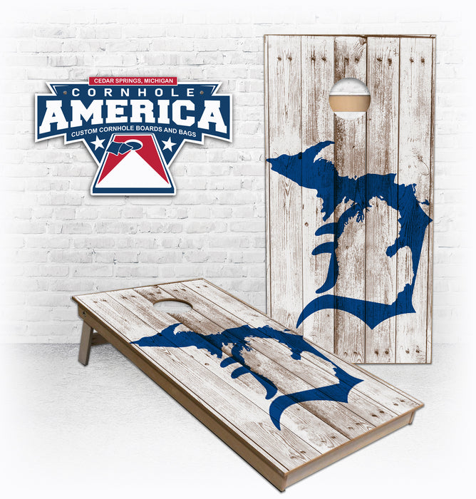 Rustic White wood with Old English D Michigan outline Cornhole boards