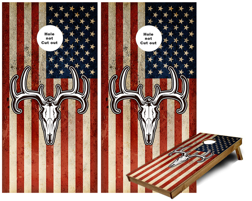 Rustic US Flag with Deer Skull Cornhole Wraps