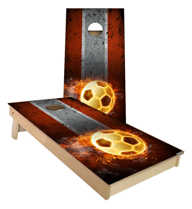 Flaming Soccer Ball traditional stripes Cornhole Boards
