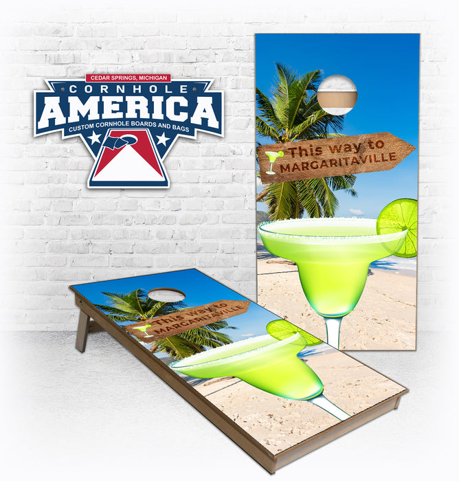 This way to Margaritaville Beach sign cornhole boards