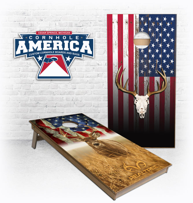 US Flag whitetail Buck and European Mount cornhole boards