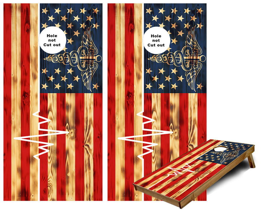 United States Flag with Medical caduceus and heartbeat cornhole wraps