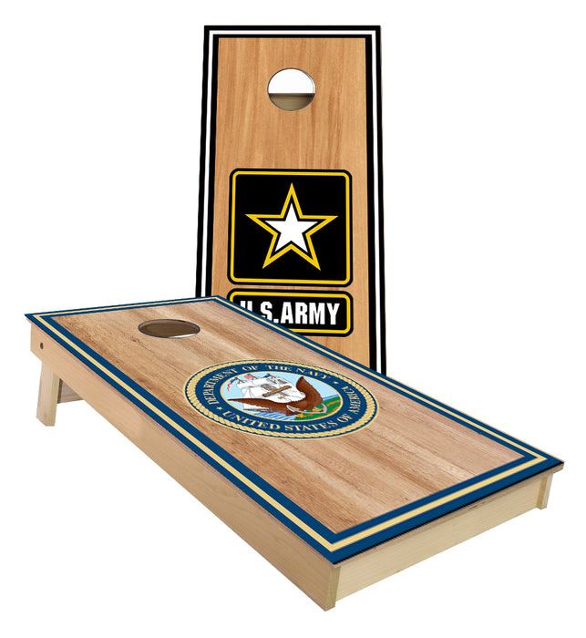 Army and Navy cornhole board set with stripes