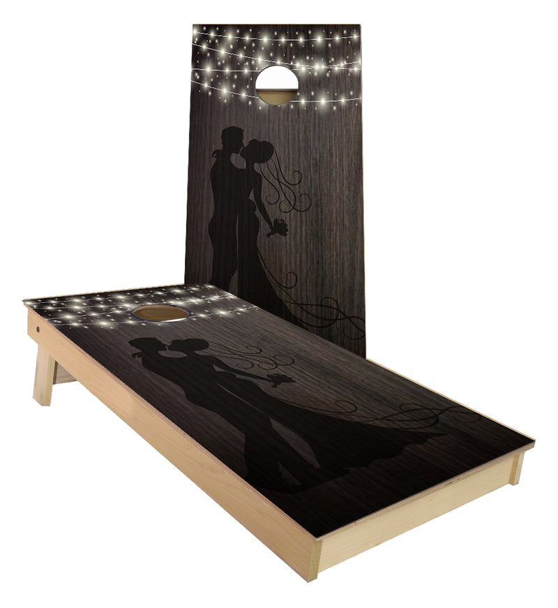 Husband and Wife Silhoutte string lights cornhole boards