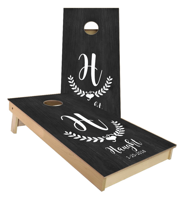 Monogram leaf heart with Name and Date Wedding cornhole boards