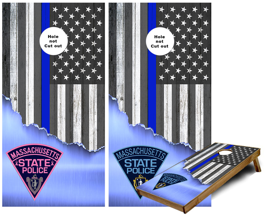 Massachusetts State Police Thin Blue Line American Flag torn Metal Cornhole Wraps with Breast Cancer awareness logo
