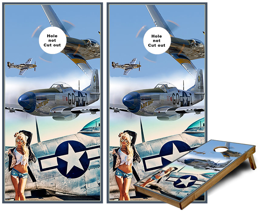 P-51 Mustang Fighter Plane Pin UP Girl cornhole Wraps